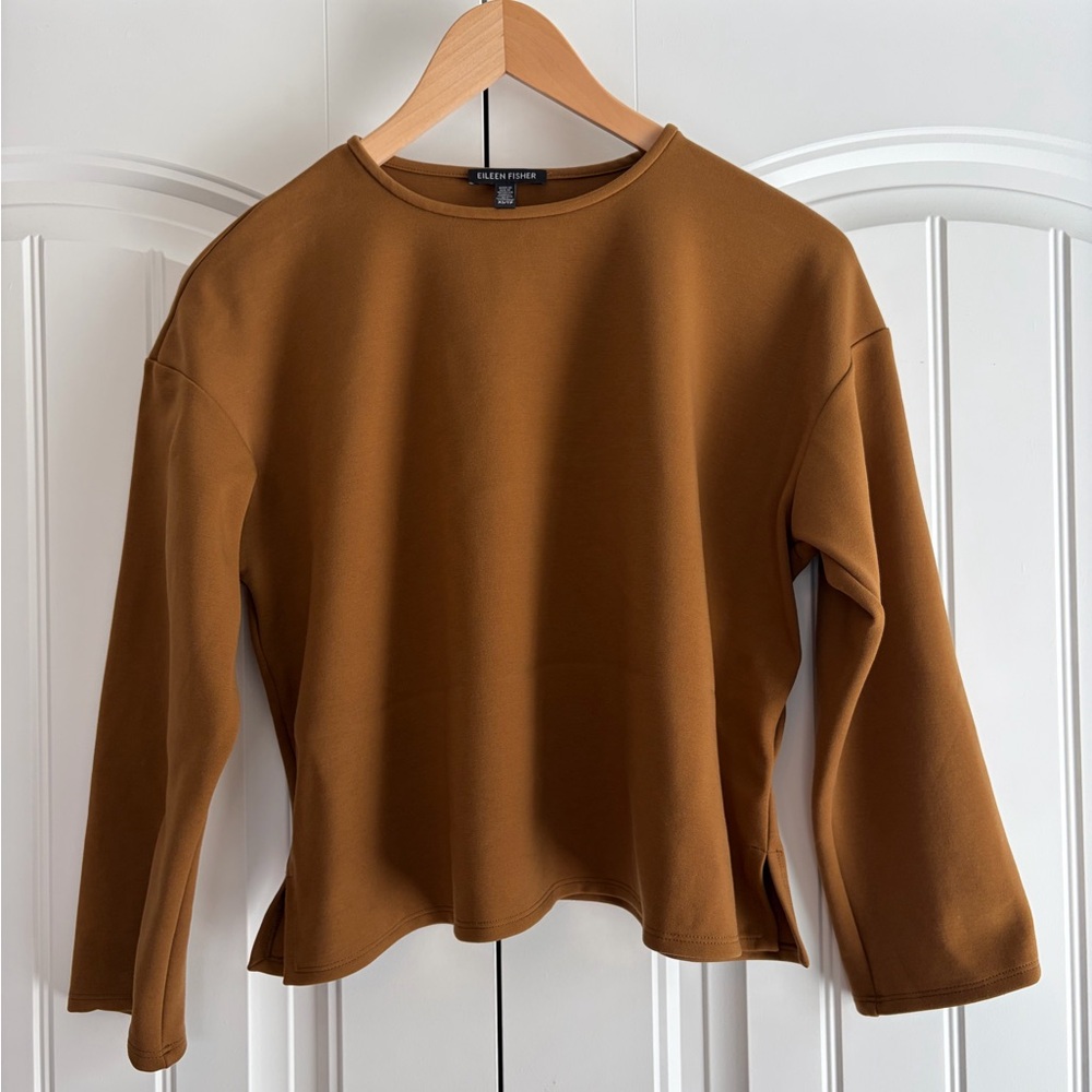 Eileen‎ Fisher Tencel Ponte Bateau Neck Top Brown Women's Size XS